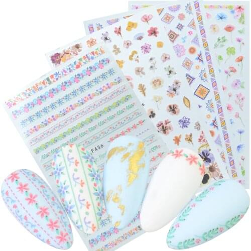 1 Sheet Flower Leaves Plants Nail Decals Colorful Lace Flower Nail Decals Self Adhesive 3D Embossed Stickers Nail Art Decoration