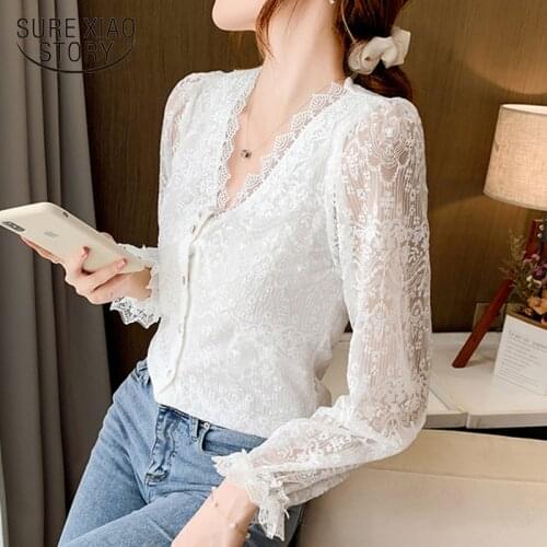 2021 New Spring Long Sleeve Top Women V-Neck Lace White Blouse Women Korean Crochet Flower Cardigan Vintage Shirts Elegant 11907
