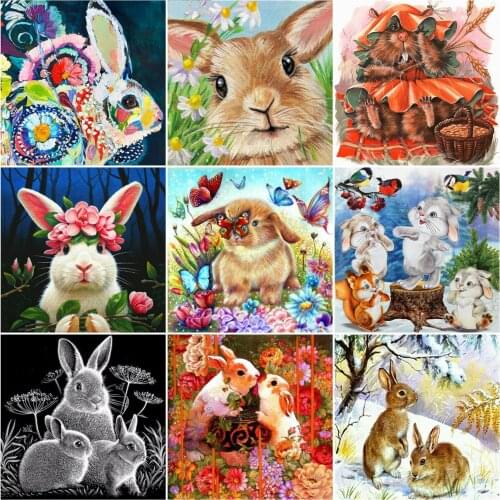 AZQSD Diamond Embroidery Rabbit Flower Mosaic Full Drill Picture Of Rhinestones Diamond Painting Animal Cross Stitch Home Decor