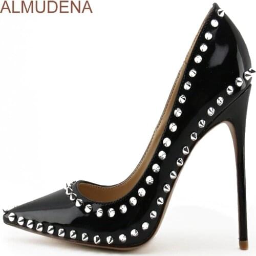 ALMUDENA Awesome Brand New Siver Rivets Pumps Stiletto Heels Black Patent Leather Pointed Toe Banquet Shoes Popular Spike Shoes