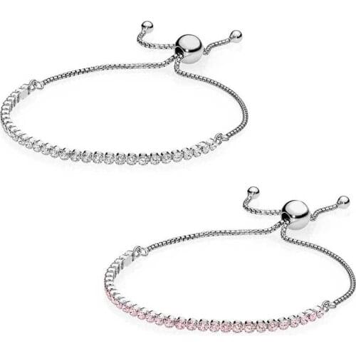 White And Pink Sparkling Strand Bracelet 100% 925 Sterling Silver Sparkling Bracelet Fit European Charms Diy Jewelry