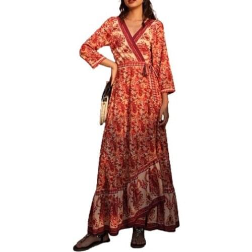 PERHAPS U Bohemian Beach Flower Print Chiffon V-Neck Lace Up Irregular Split Flare Sleeve A-Line Maxi Ankle Length Holiday D3075