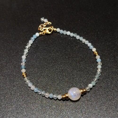 Lii Ji Sparkling Aquamarine Moonstone 14K Gold Filled Bracelet 17+3cm Natural Stone Handmade Jewelry For Women Gift