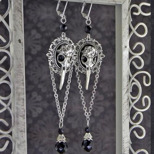 Grim, Gothic Raven Earrings | Elegant Gothic Earrings, Long Raven Earrings, Raven Skull Earrings, Gothic Raven Earrings