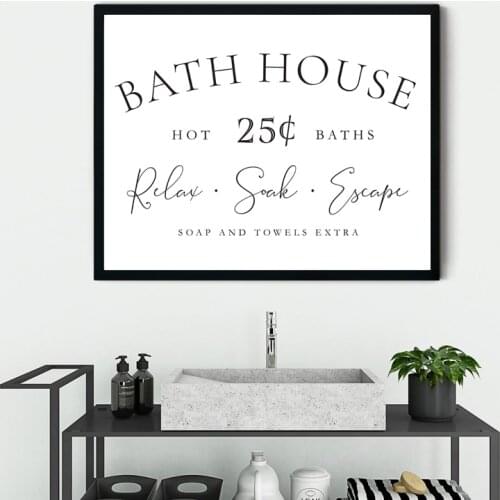Bath House Sign Canvas Painting Relax Soak Escape Quote Art Prints Black and White Minimalist Poster Bathroom Wall Picture Decor