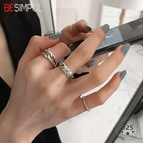 Besimpol Real 925 Sterling Silver Chain Ring Korea Style Vintage Simple Open Rings For Women Fashion Fine Jewelry Gifts