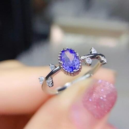 Lovely cute symmetric leaf Circle Natural blue tanzanite Ring Natural gemstone ring S925 silver women girl gift party Jewelry