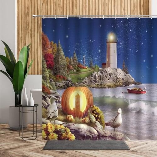 Landscape Light Tower Decorative Oil Painting Shower Curtains For Bathroom Decors Floral Birds Pumpkin Forest Sea Scenic Curtain