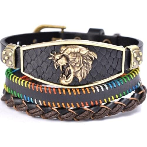 Mens Hip Hop Rock Bracelet Fashion Hollow Triangle Leather Bracelet and Multilayer Wristband Gold Black P Show Fortune and Good