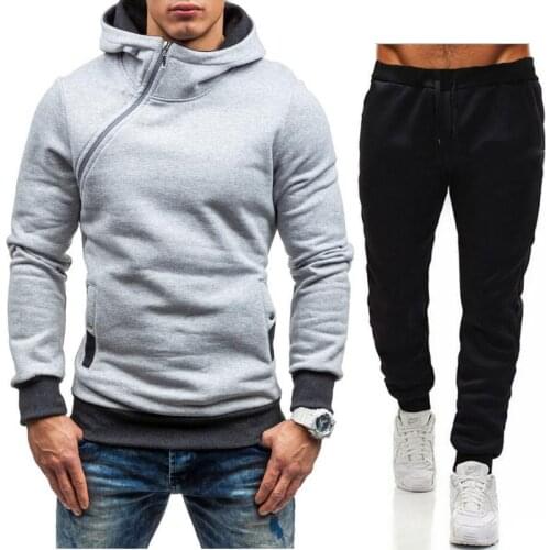 2021 spring and autumn oblique zipper mens solid color hooded pullover sweater + sports trousers two-piece sports casual men
