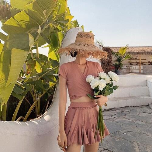 2021 New Korea Style Bikini Set Mesh Short Sleeve Swimsuit High Waist Swimwear Solid Beach Wear Biquinis Bathsuit Pad Swimskirt