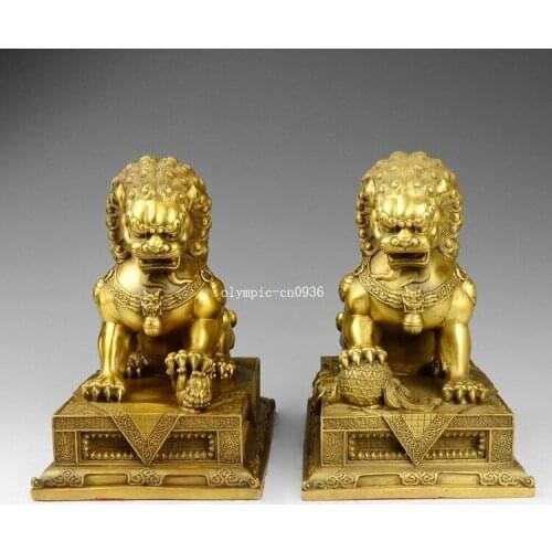 Pair 10'' brass home fengshui door guard exorcise evil spirits food dog lion