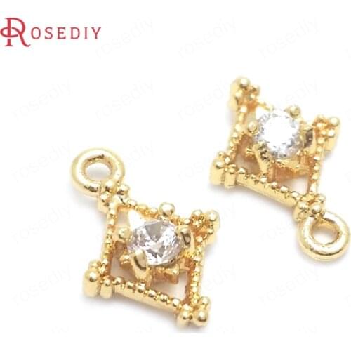 37689)10PCS 6.5x9.5MM 24K Gold Color Brass and Zircon Rhombus Charms Pendants Jewelry Making Supplies Diy Findings Accessories