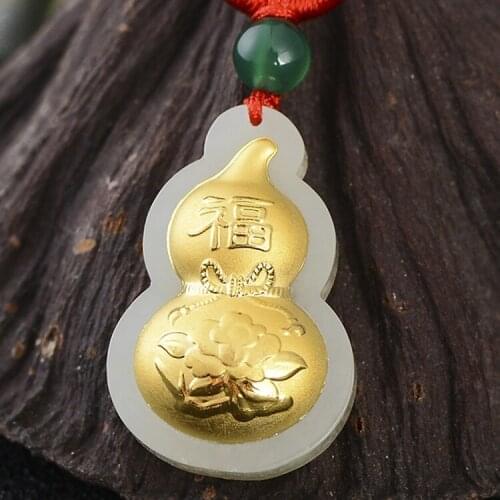 Natural White Hetian Jade Pendants + 18K Solid Gold Inlaid Chinese Lucky Pendant + Free Necklace Fine Jewelry dropshopping