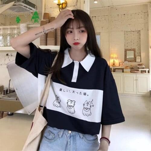 Kawaii Summer Polo Shirt Harajuku Japan Cute Cat Print T Shirt For Girls Hip Hop Punk Loose Student Shirt Funny Clothes Tops