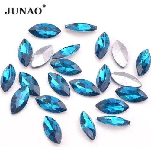 JUNAO 7x15mm Blue Zircon Color Horse Eye Crystal Glass Rhinestones Pointback Loose Decoration Crystals Stones for Arts Crafts