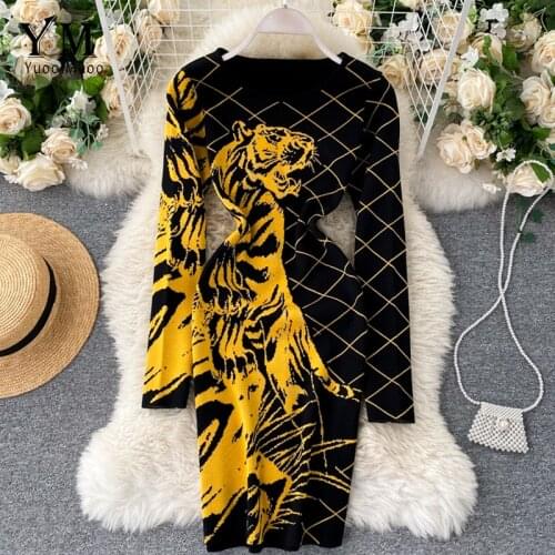 YuooMuoo Ins Fashion Tiger Knitted Dress Autumn Winter 2020 Animal Jacquard Sweater Dress Party Bodycon Festival Women Dress