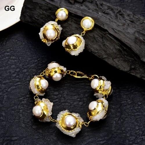 GuaiGuai Jewelry Natural Quartz Cultured White freshwater Pearl White Quartzs Druzy gold plated Dangle Earrings Bracelet Sets
