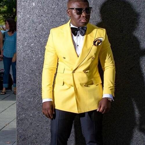 Yellow Double Breasted Men Suits for African 2 piece Slim fit Prom Wedding Tuxedo Groomsmen Set Blazer with Black Pants Fashion