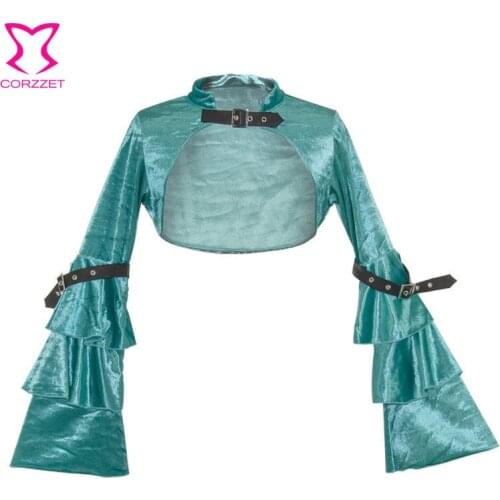 Blue Flannel Buckled Ruffle Flare Sleeve Short Victorian Coat Gothic Clothing Women Sexy Corset Jacket Vintage Steampunk Clothes