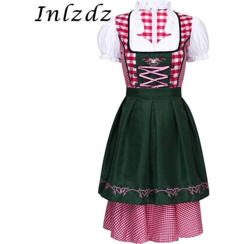 Womens Dirndl Carnival Cosplay Costumes Halloween Outfit Falbala Plaid Dress with Apron for Oktoberfest Beer Festival Role Play