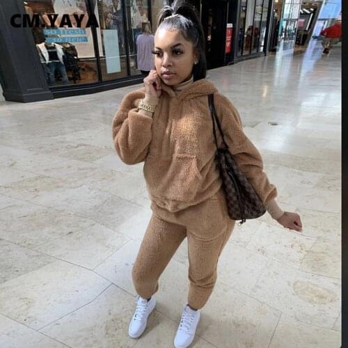 CM.YAYA Plus Size L-5XL Autumn Winter Womens Set Hoodies Jogger Pants Set Active Tracksuit Two Piece Outfit Set Sporty Pockets