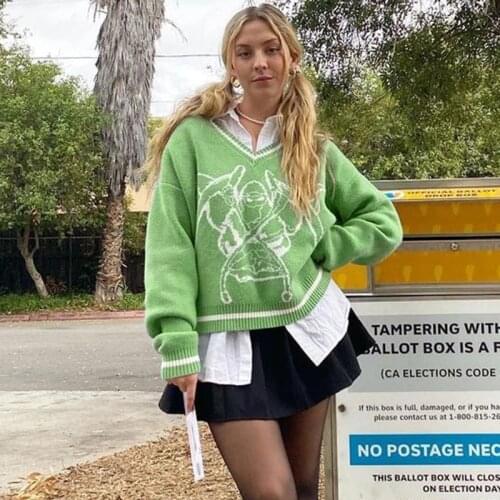 MEIYANGYOUNG Casual Autumn Winter Womens Knitted Jumper Loose Knitwear Pullovers Y2K Chic Print Streetwear Oversized Sweater