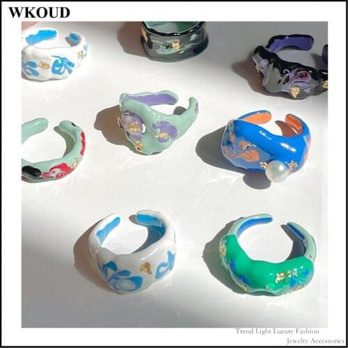 2021 Summer Hand-made Dripping Oil Painting Plant Flower Pattern Whitening Womens Ring Natural Pearl Gold Foil Small Fresh Ring