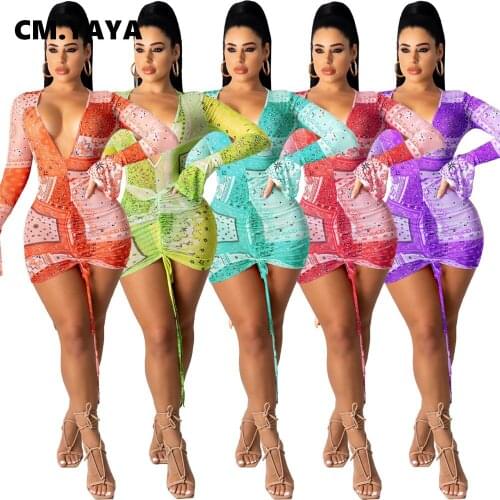 CM.YAYA Women Bandanna Paisley V-neck Flare Sleeve Drawstring Ruched Mini Midi Bodycon Dress