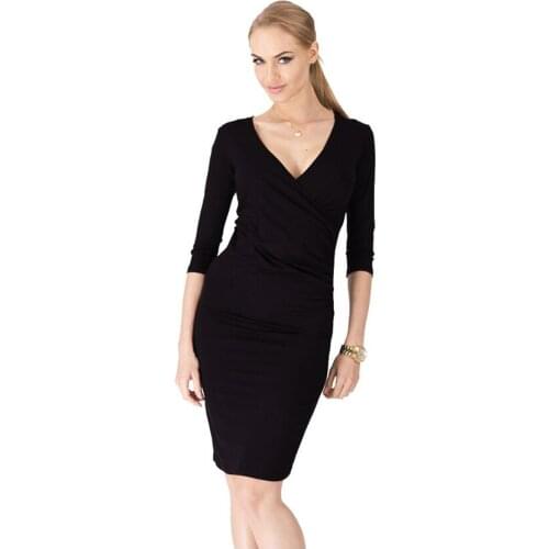 New Fashion 2019 Spring Summer Women Celebrity Style V-neck Middle Sleeve Sheath Shift Pencil Midi Dresses Size S M L XL XXL