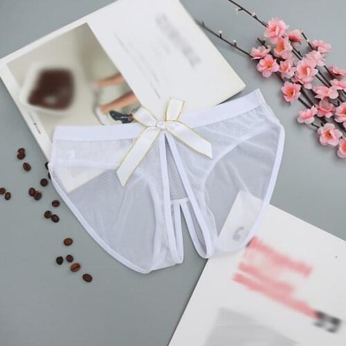 Hollow Out Mesh Thong Bow Lace Crotchless Intimates Women Sexy Lace Underwear Sexy Panties Briefs With Pearl Beads