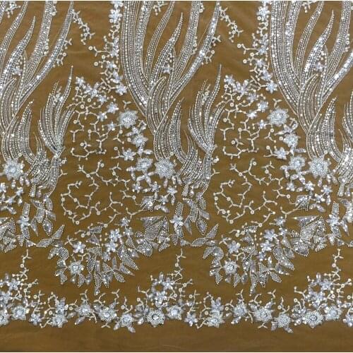 2021 White Bridal Beaded Lace Crystal Sequins Embroidery Fabric Tulle for Wadding Dress HY1417