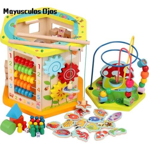 Large Hexahedron Round Beads Treasure Box Multifunctional Baby Child Beaded Wooden Educational Toy