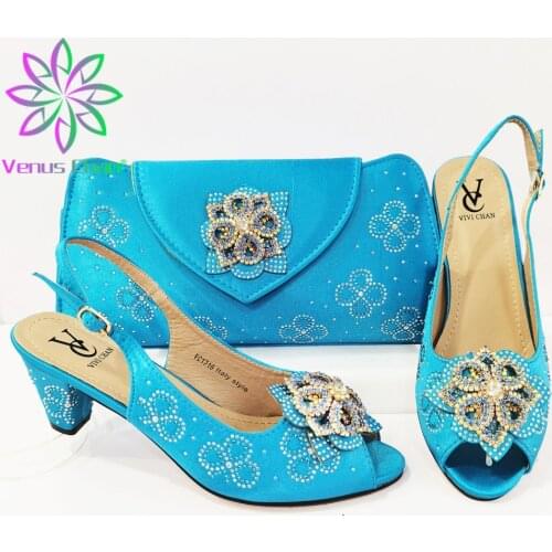 Design 2021 African Fashion Fullness of Crystal Metal Italian Style in Blue Color Party Wedding Women Shoes and Bag Sets