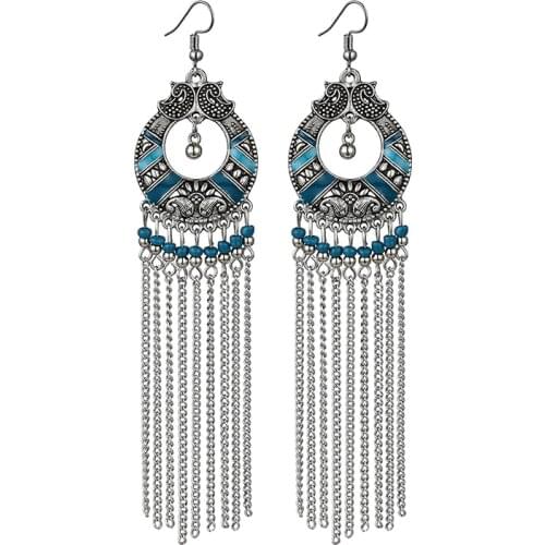 Ethnic Bohemian Long Earrings for Women Vintage Statement Chain Tassel Earrings Bead Handmade Drop Dangle Earring Enamel Jewelry