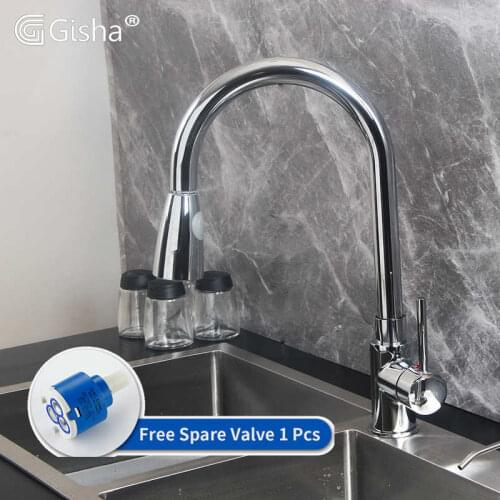 Gisha Single Handle Kitchen Faucet Pull Out Chrome Brass Kitchen Tap Cold and Hot Water Sink Mixer Taps G2003