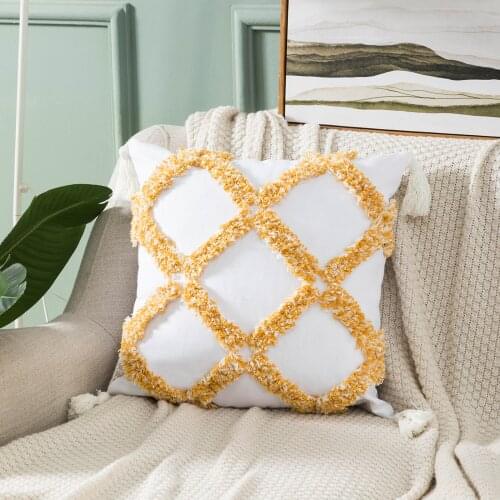 Moroccan Canvas Tufted Embroidered Tassel Flower Cushion Cover Geometric Throw Pillow Case Soft Cozy Bed Sofa Decoration