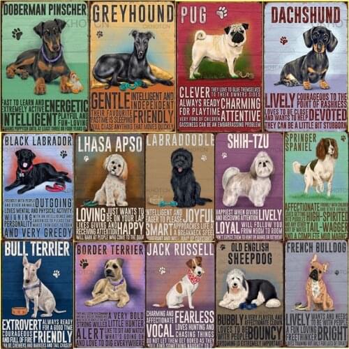 Retro Pet Dog Metal Sign Cartoon Dogs Pug Dachshund Border Collie Metal Tin Decor Posters Art Vintage Iron Painting 20x30cm