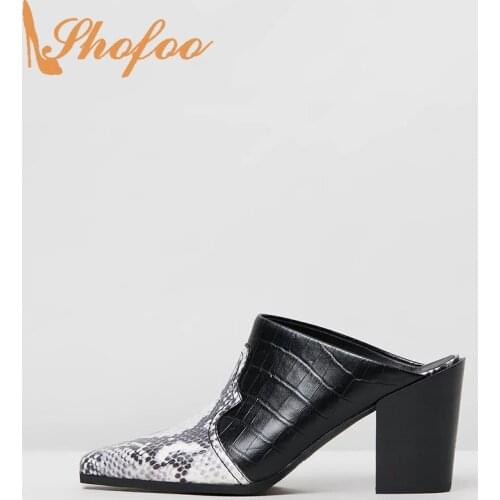 Snake Prints Croc Patchwork Women Mules Pumps High Chunky Heels Pointed Toe Slip On Large Size 15 16 Ladies Summer Shoes Shofoo
