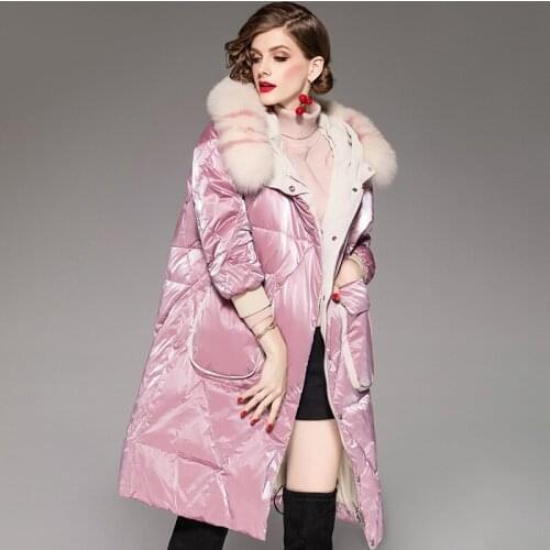 Newest winter women temperament thicken fashion hooded girl duck down coat oversize medium long female fur collar outerwear lady