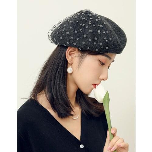 New Warm Womens hat Angora rabbit hair Beret womens hat autumn 2021 Solid Lace mesh Plush soft Beret for girl Japanese Beret