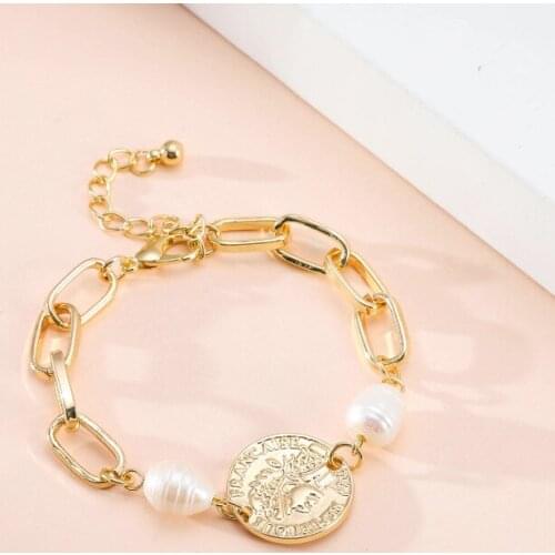 ORNAPEADIA New Simple Geometric Bracelet for Women Pearl Disc Alloy Sheet Adjustable Interlocking Chain Female Bracelet