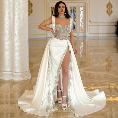 Luxurious High Side Split Mermaid Evening Dresses Sheer Neck Lace Appliques Pearls Special Occasion Dress Satin Evening Gowns
