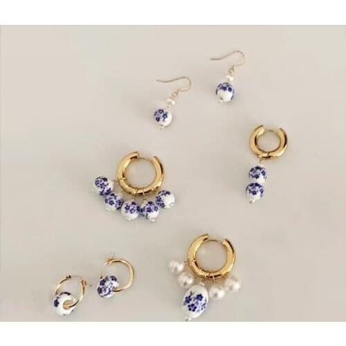 Hand-made Blue Printed Flower Bead Earring Trendy Exquisite Ethnic Style Jewelry Accessories Autumn 2021 New Piercing серьги вис