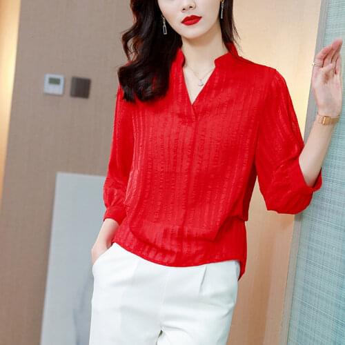Womens Blouses Chiffon Casual Shirt Korean Solid Loose Plus Size Fashion Short Sleeve Top Summer V-neck Lady Shirts Houthion