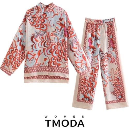 TMODA1479 Za 2021 Summer Women Loose Printed Shirt Blouse And Flowy Patchwork Pant Two Pieces Sets Lady Chic Female Beach Suits