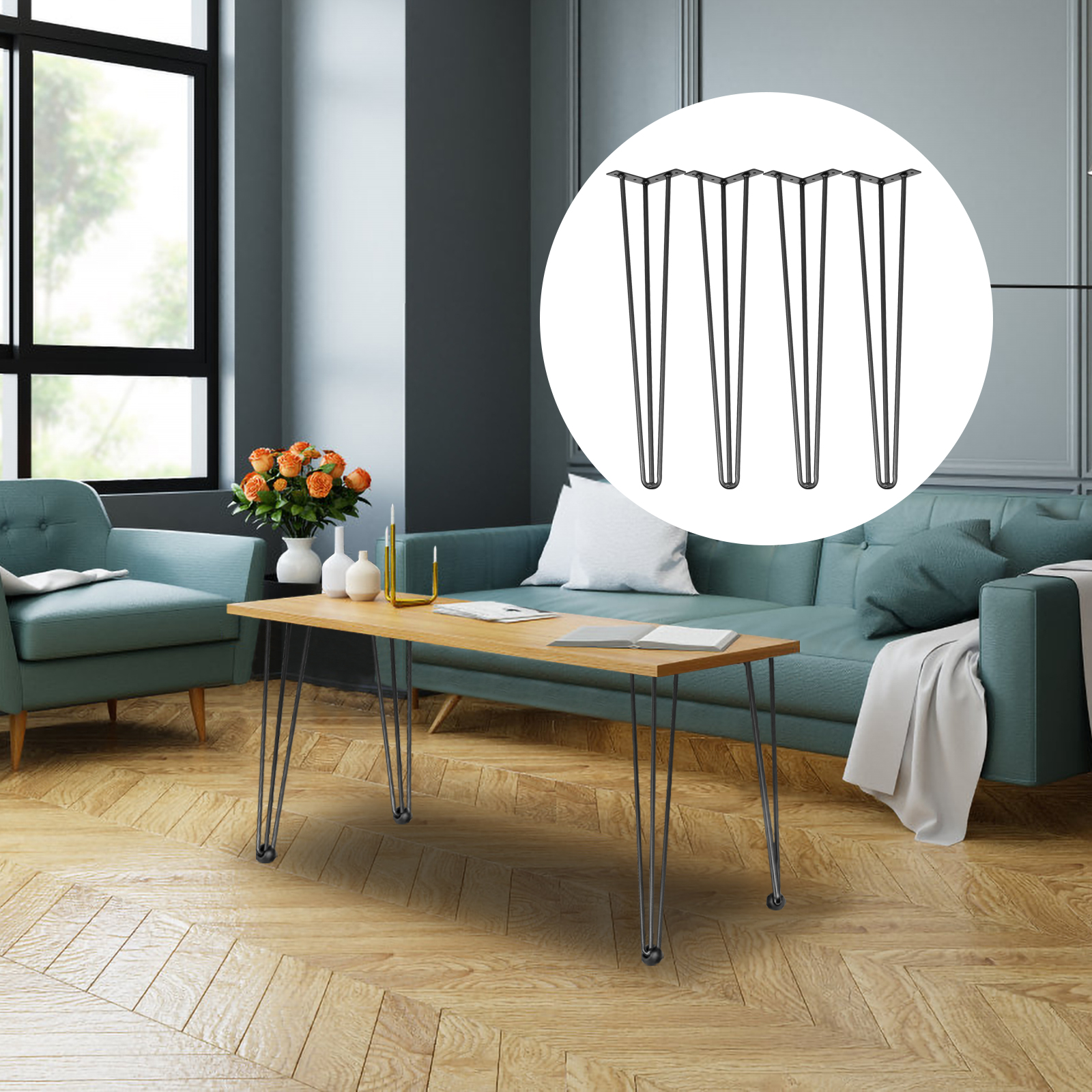 VEVOR Table Legs Metal 16-40" Black 4PCS Desk Legs Each 220lbs Load Capacity Hairpin Desk Leg 3 Rods For Bench Desk Dining Table