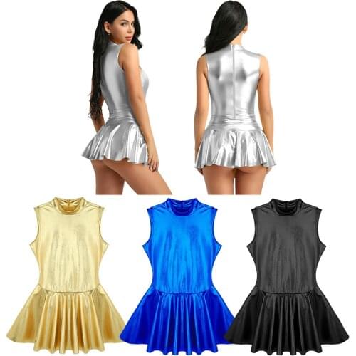 Women Faux Leather Shiny Metallic Stand Collar Back Zippered Sleeveless A-line Leotard pleated Dress for Stage Performance