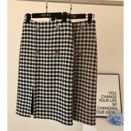 2021 Autumn Winter Women High Waist Thickened Skirts Harajuku Vintage Lady Woolen Plaid Skirts Midi-long SpliSkirt