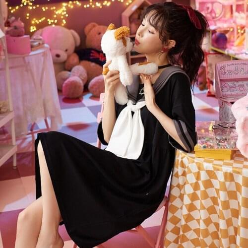 Spring Summer Women Nightgowns Fashion Black Cool Short Sleeve Nightdress Korean College Style Cute Women Bows Home Sleepwear